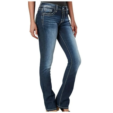 Mid-Waist Washed Jeans for Women Bootcut Stretchy Jeans with Embroidery Pockets Slim Fit Skinny Jeans Fashion Straight Leg Jeans