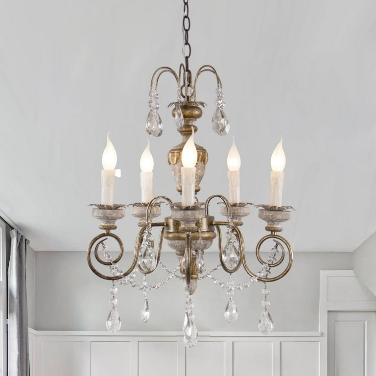 Mid century 5 Light Antique Beige Candle Crystal Chandelier 19 in W