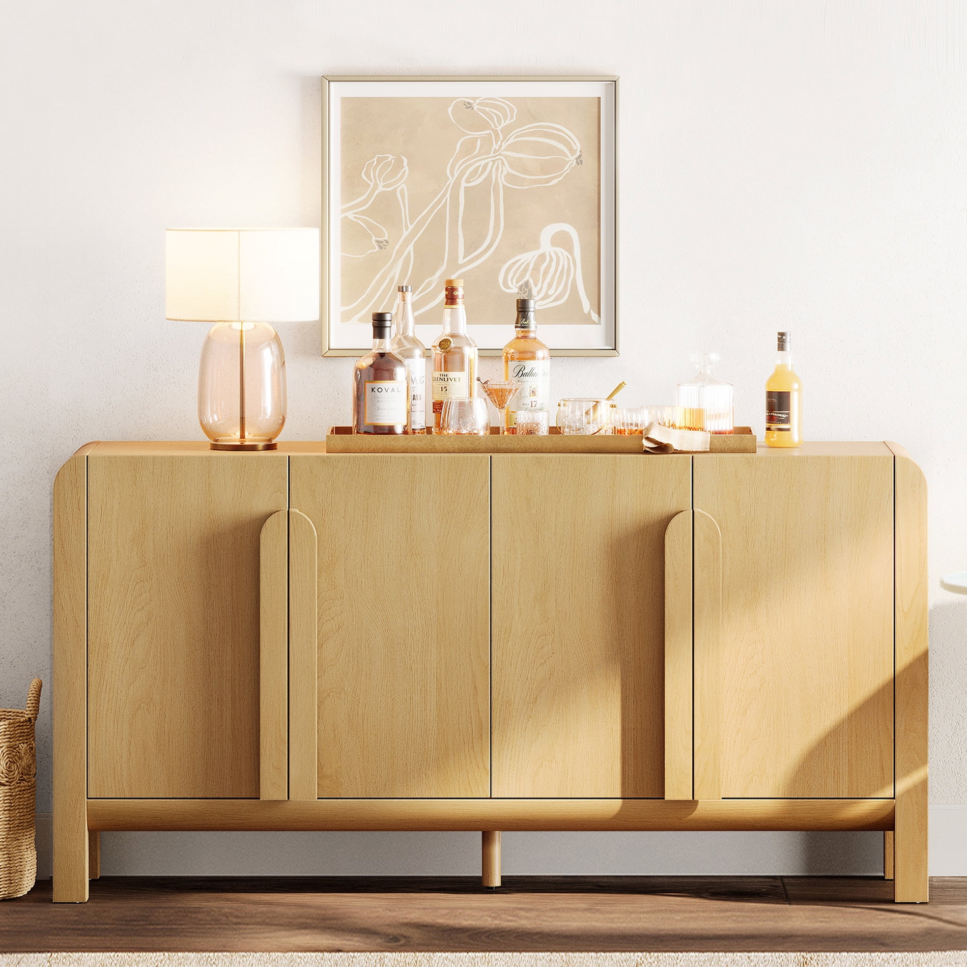 Mid-century 63" Wood Sideboard Buffet Cabinet with Storage, Modern Credenza with Doors and Adjustable Shelves for Kitchen Living Room, Dining Room