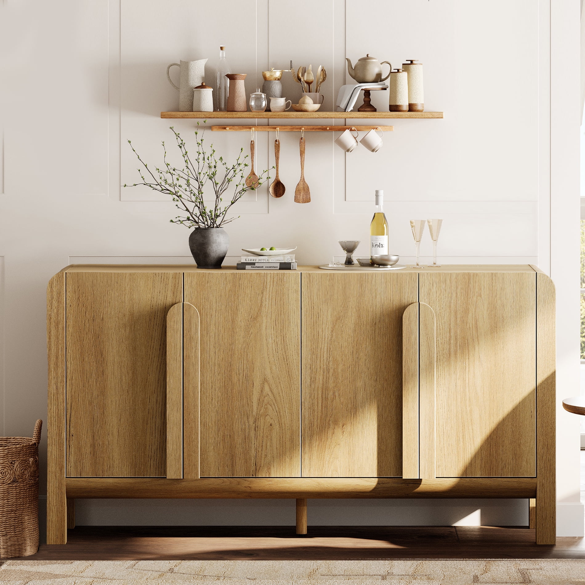 Mid-century 63" Wood Sideboard Buffet Cabinet with Storage, Modern Credenza with Doors and Adjustable Shelves for Kitchen Living Room, Dining Room
