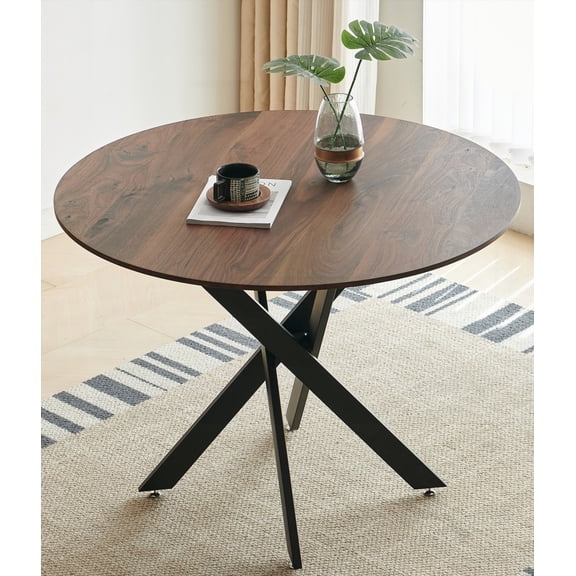 Mid-century Black and Wood Dining Table for 4-6 People with Round MDF Top and Pedestal Base