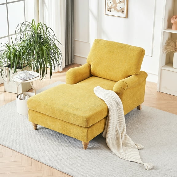 Mid-century Chaise Lounger , Soft Chenille Upholstery, Solid Wood Legs, Thick Foam Filling, Ultra Comfort For Living Room, Easy To Install Stylish Oversized Lounge, Yellow Comfortable Cafe And