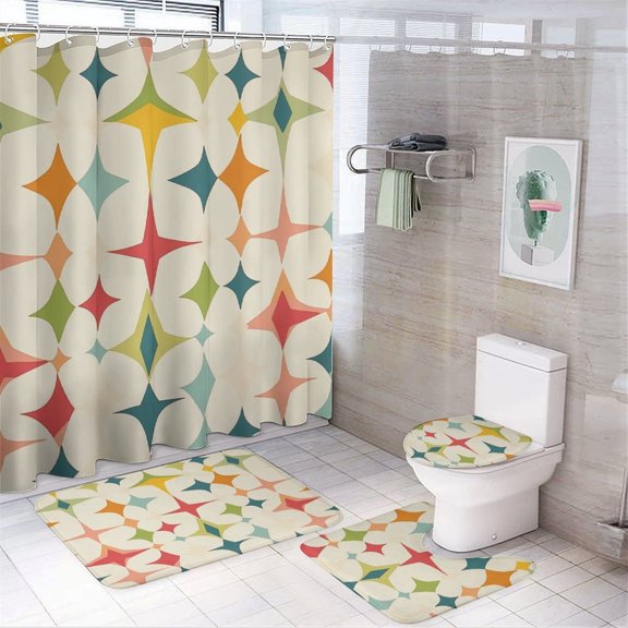 Mid-century Colorful Stars And Diamonds 4 Piece Bathroom Shower Curtain Sets Rug Toilet Lid Cover And Non-Slip U Shape Mat Simple Geometric Waterproof Shower Curtain for Bathtub Decor