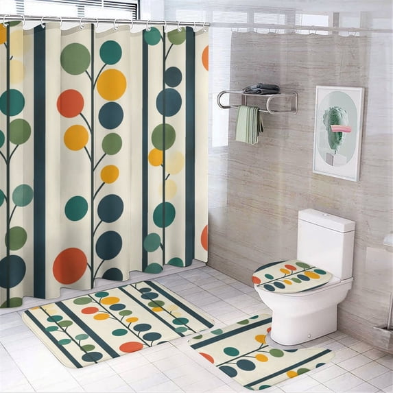 Mid-century Design Stripe And Dots Shower Curtain Sets with Rugs 4 Piece Non-Slip Rugs And Toilet Mat Lid Rug Accessories Mid Century Modern Lines 1950S Waterproof Shower Curtain for Bathtub Decor