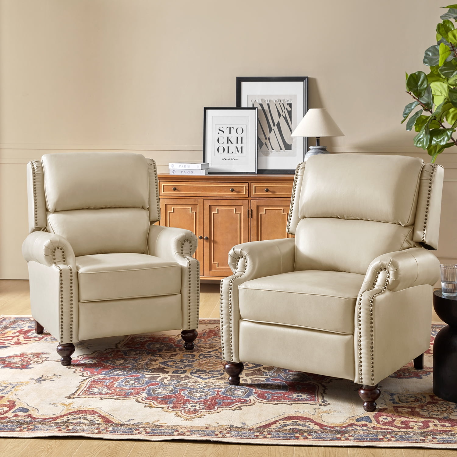 Mid-century Genuine Leather Pushback Recliner Chair with Nailhead Trim Set of 2 Beige