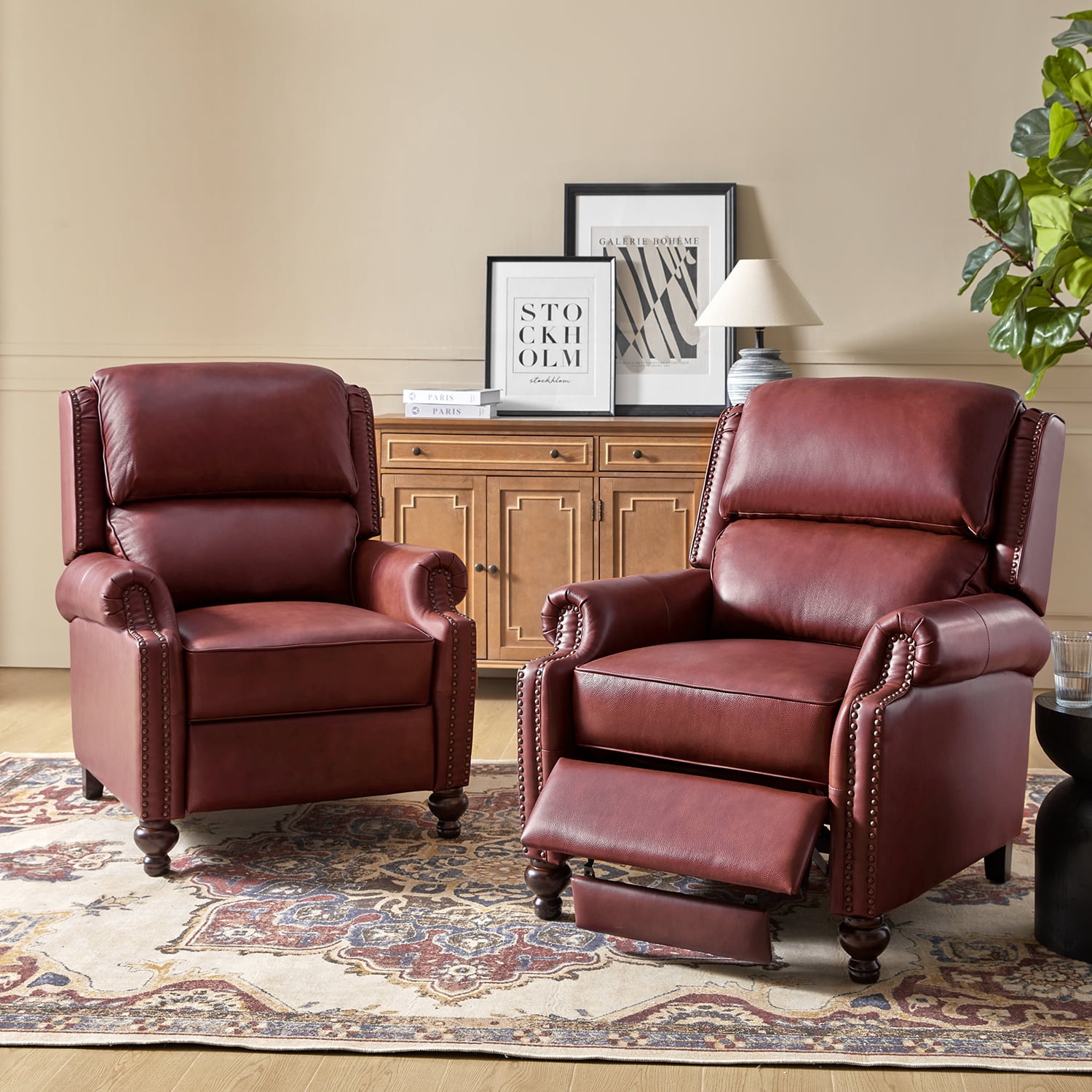 Mid-century Genuine Leather Pushback Recliner Chair with Nailhead Trim Set of 2 Burgundy