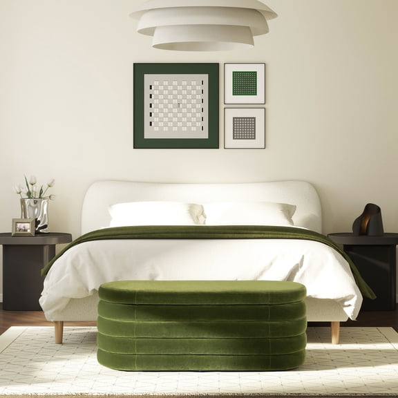Mid-century Inspired 49" Oval Storage Bench In Olive Velvet - Boucle Upholstery And Hidden Compartment For Home Decor No Assembly Performance Organization Soft Versatile Anywhere Ready To Place