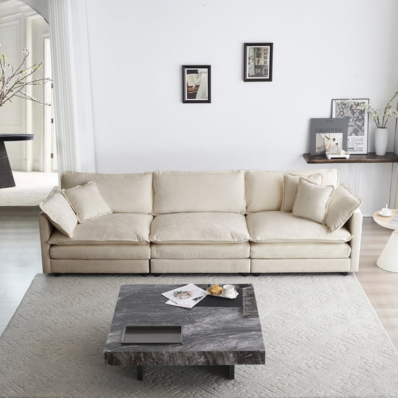 Mid-century Modern 3 Chenille Couch, Beige Color & Comfortable Armrest Pillows For Home Living Room Innovation - High Materials, Design