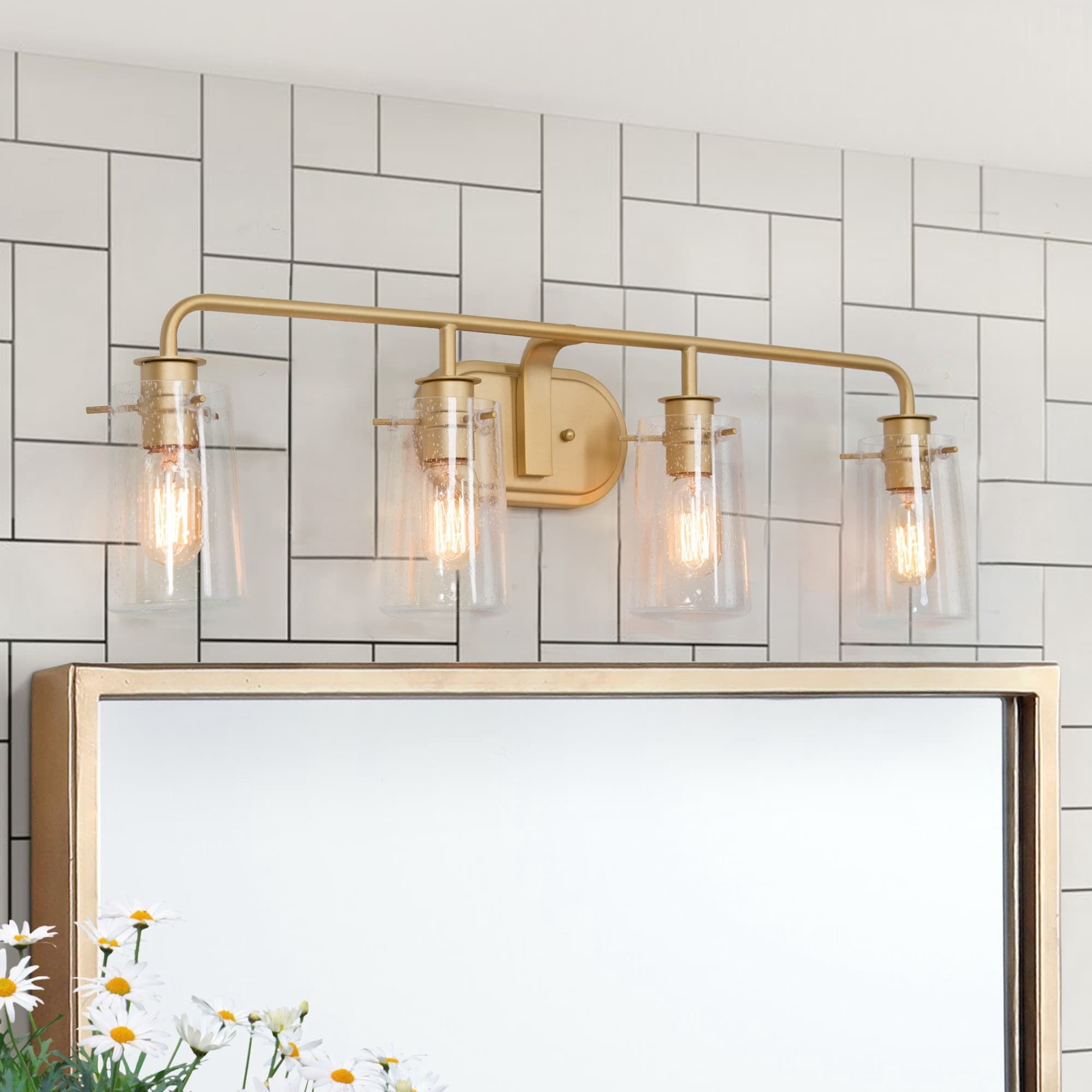 Mid-Century Modern Wall Sconce With Crystal Glass – 2-Light Gold Vanity Light For Bathroom, Bedroom & Hallway