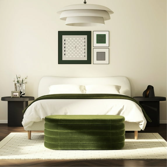Mid-century Modern 49" Oval Storage Bench In Olive Velvet - No Assembly Needed With Tufting And Hidden Compartment For Home Upholstered Faux Look Upholstery Versatile Bedroom
