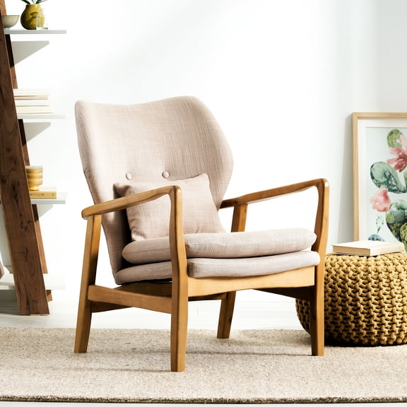 Mid-century Modern Beige Fabric Armchair, Back And Birch Wood Base, 25.38”w X 30.01”d 33.5”h Upholstered Chair, Button Tufting