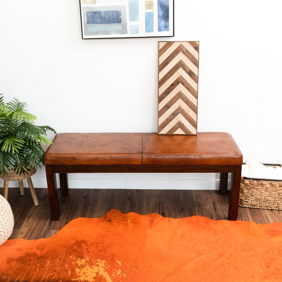 Mid-century Modern Bench - Antique Leather Tan, Wood Construction, Removable Legs, Rustic Brown Look Tan Bench, Solid Build, Color Scheme For A Harmonious Look, High Foam Seat, Legs