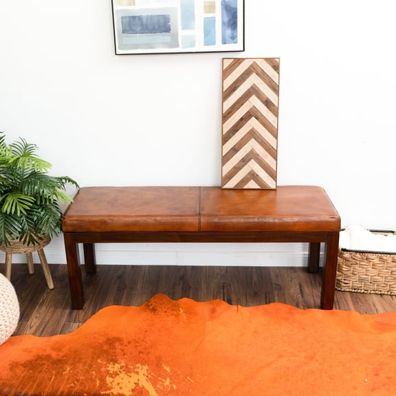 Mid-century Modern Bench Antique Tan Leather, Solid Wood Structure, Rustic Brown Appearance For A Timeless Design, Comfortable Cushion, Removable Legs Style Leather Bench, Look, Frame, High Foam