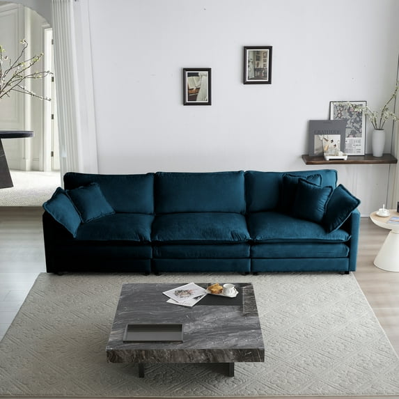 Mid-century Modern Blue Chenille 3 Couch. Solid Wood Frame, Breathable Fabric, 3 Toss Pillows, Comfortable Living Room Seat , With Comfort