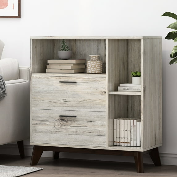 Mid-century Modern Cabinet In Faux Wood, 35.77" W X 16.02" D 37.37" H, With Drawer Storage For Accessories Wood Exterior, H