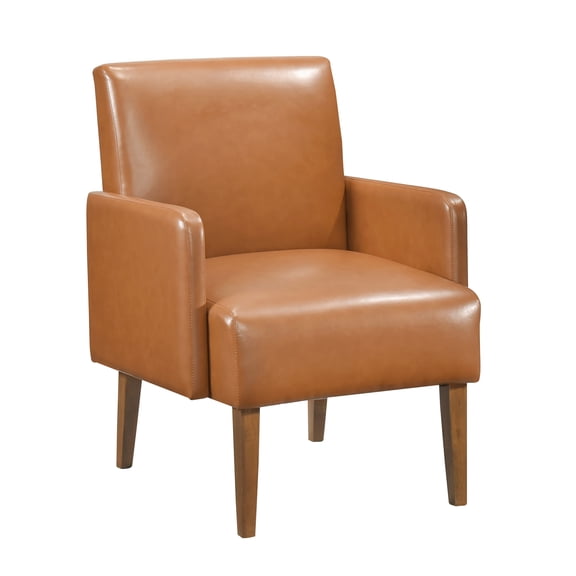 Mid-century Modern Chair, Brown Faux Leather Upholstery, Solid Wood Frame, Walnut Finish Legs, 21.5" Seat Depth 24.5" Arm Height, 28.55 In Width