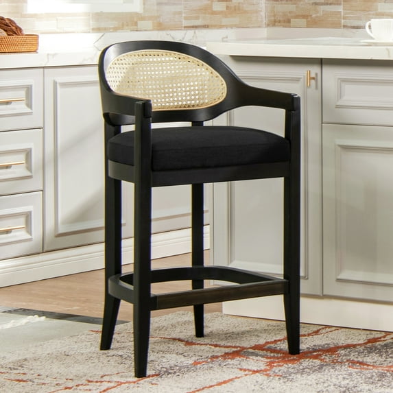 Mid-century Modern Counter Stool With Cane Back Insert. Solid Oak Frame. Foam-filled Mid-back Seat. Black Woven For A Style 26" Stool, Chic. Jet Woven. Base. Comfortable Support. Handmade Masterpiece