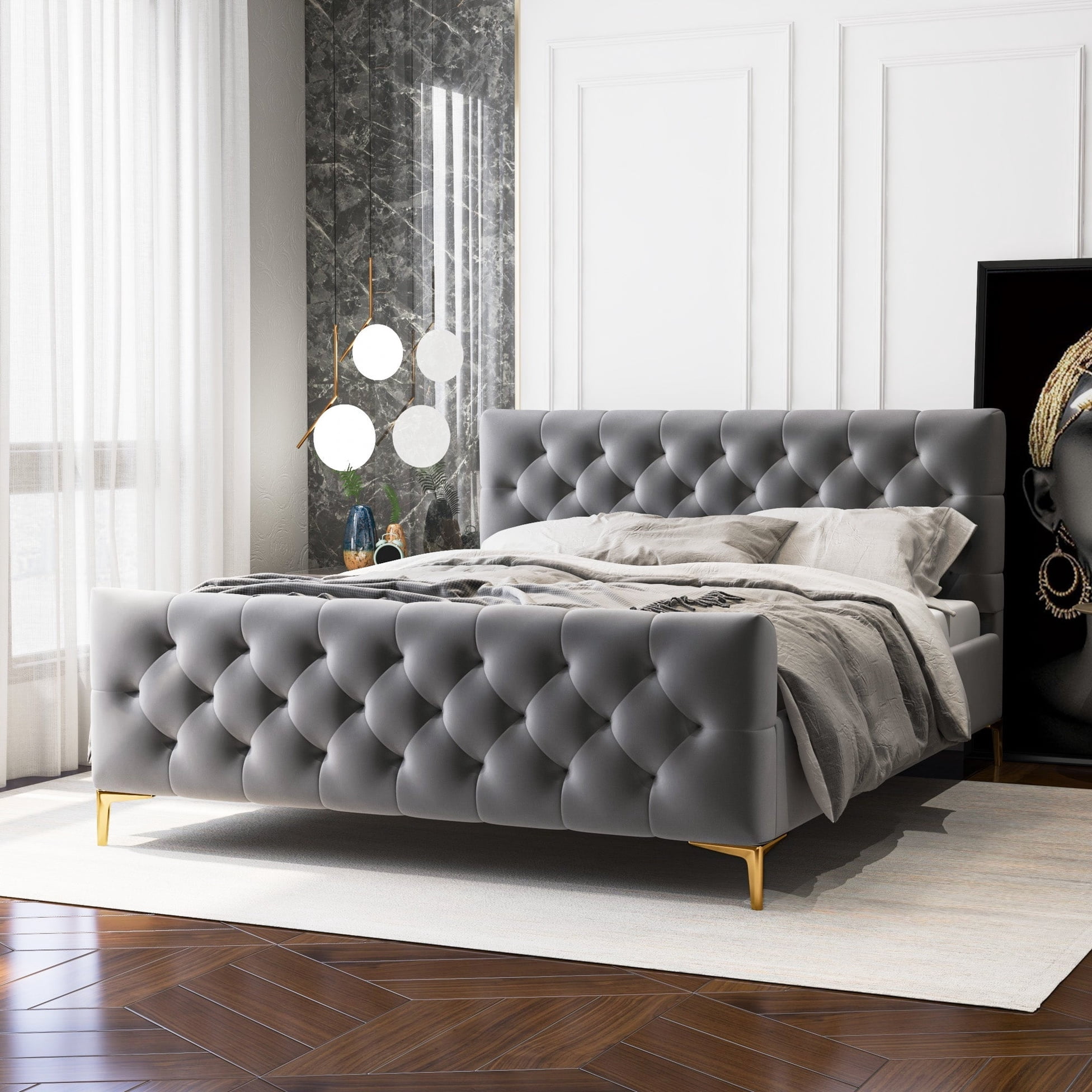 Mid-century Modern Dark Grey Velvet Bed - With Materials And Legs Queen ...