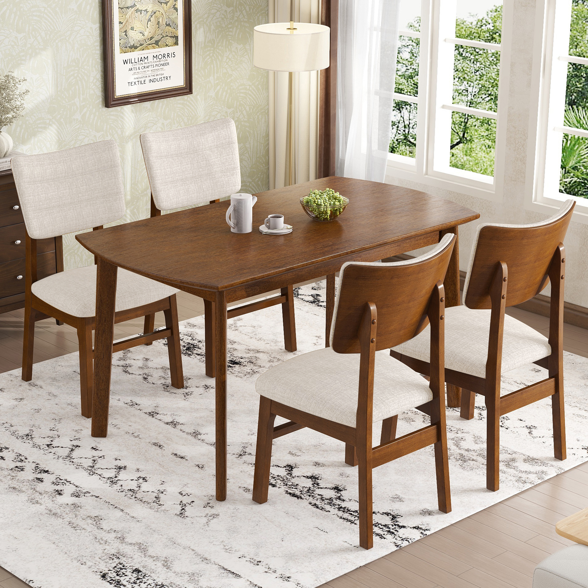 Mid-century Modern Dining Table Set for 4, Solid Wood Dining Table and ...