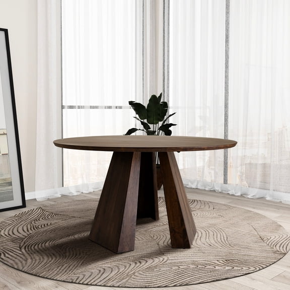 Mid-century Modern Dining Table - Walnut Stain Solid Wood Round For Four And Fashionable Design Inspired Shape Seats Appealing Brown Finish