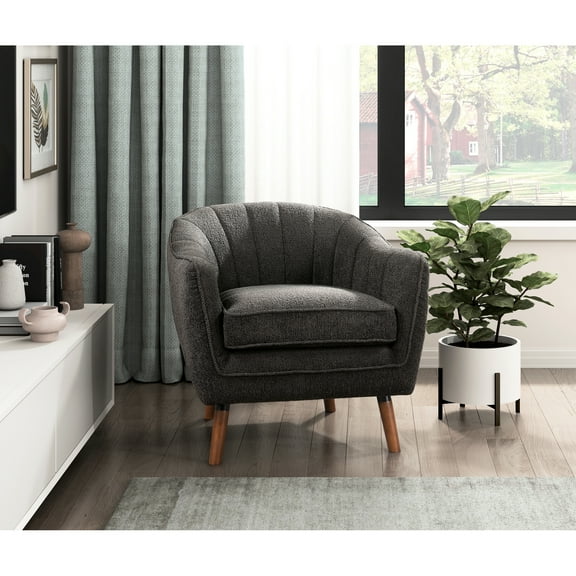 Mid-century Modern Furniture, Charcoal Hued Upholstered Chair, Solid Wood & Plywood Frame, 20.5" Seat Width, Quality Chair Accent With Touch, Colored Fabric, Comfortable