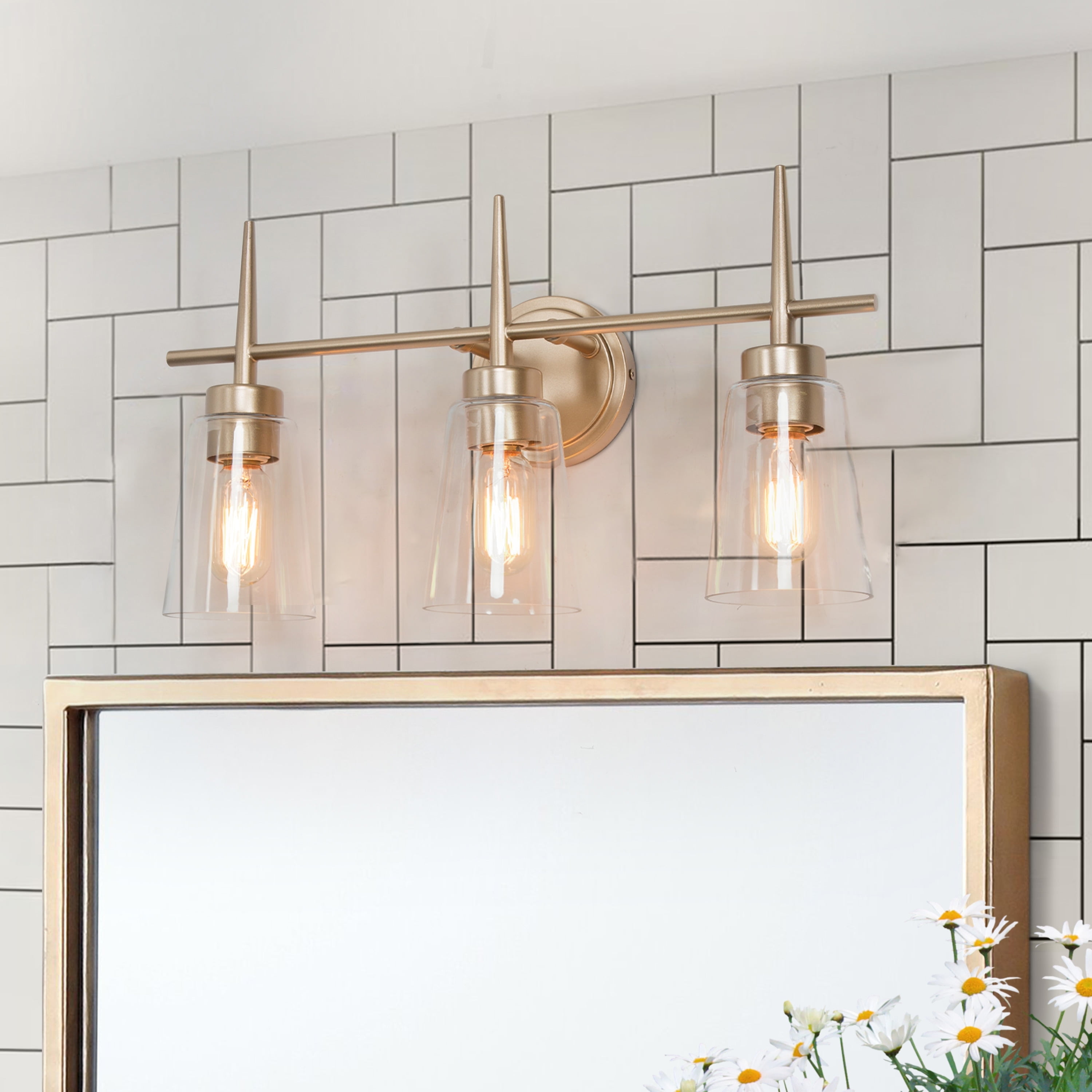 Mid-century Modern Glam 3-light Bathroom Vanity Lights Glam Gold Glass Wall Sconces - L20"x W6"x H 11.5"