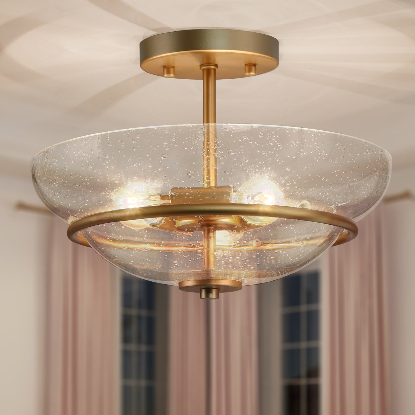 Champagne Gold 3-Light Semi-Flush Mount with Seeded Glass Bowl