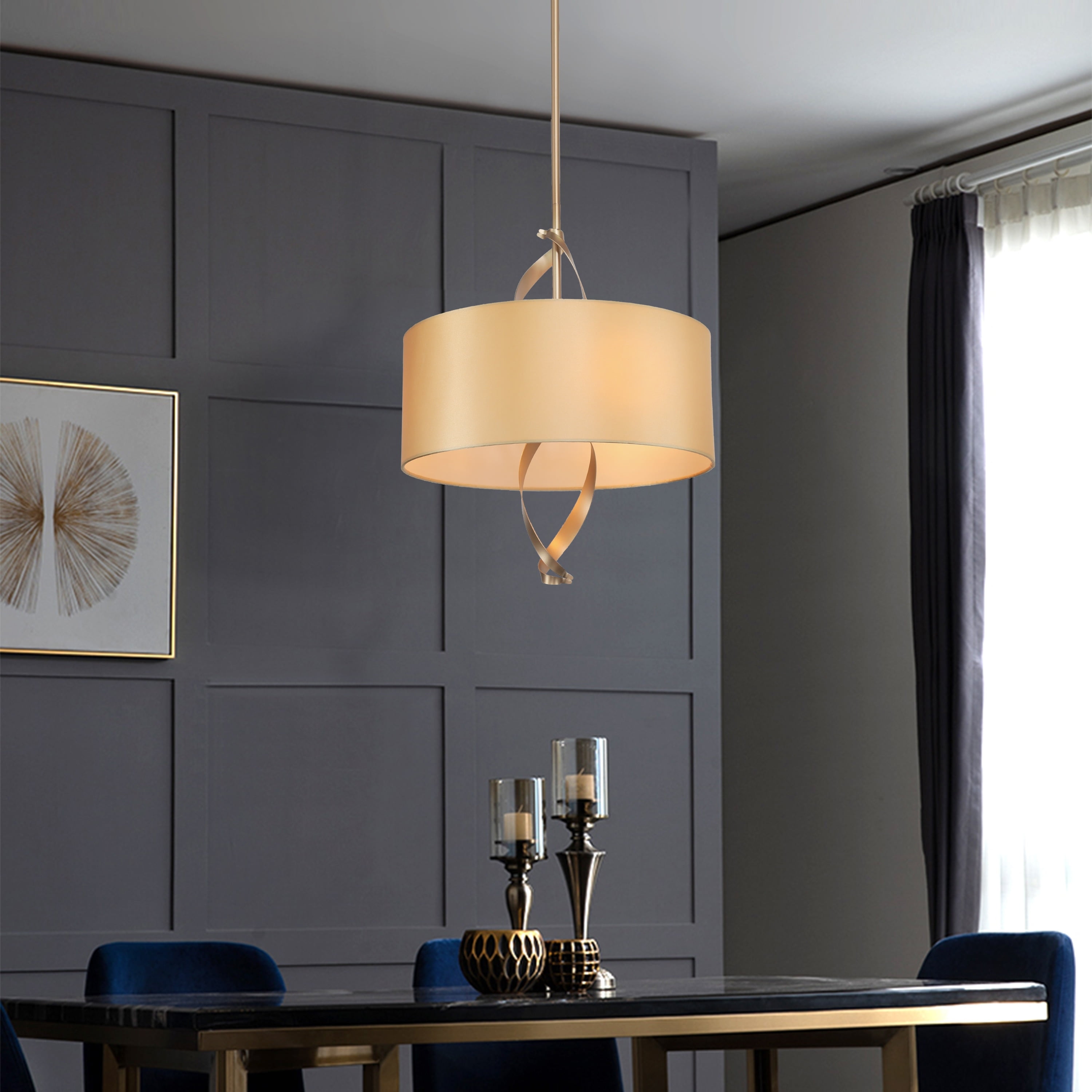 Midcentury Modern Gold Drum Chandelier Dining Room lights with Fabric