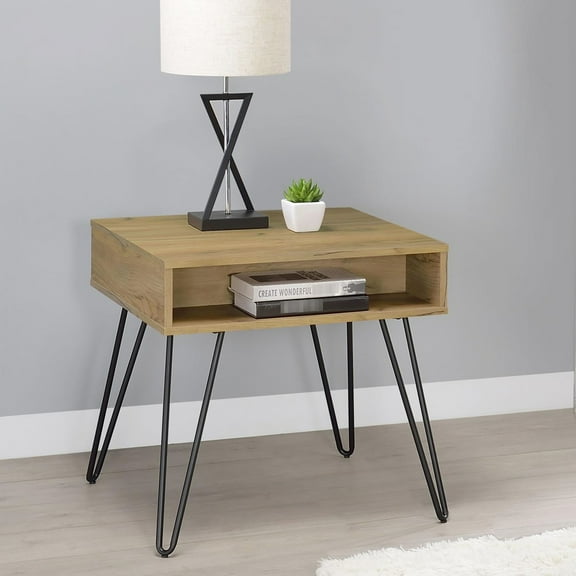 Mid-century Modern Golden Oak And Black End Table With Metal Legs Functional Storage Square Coffee Base