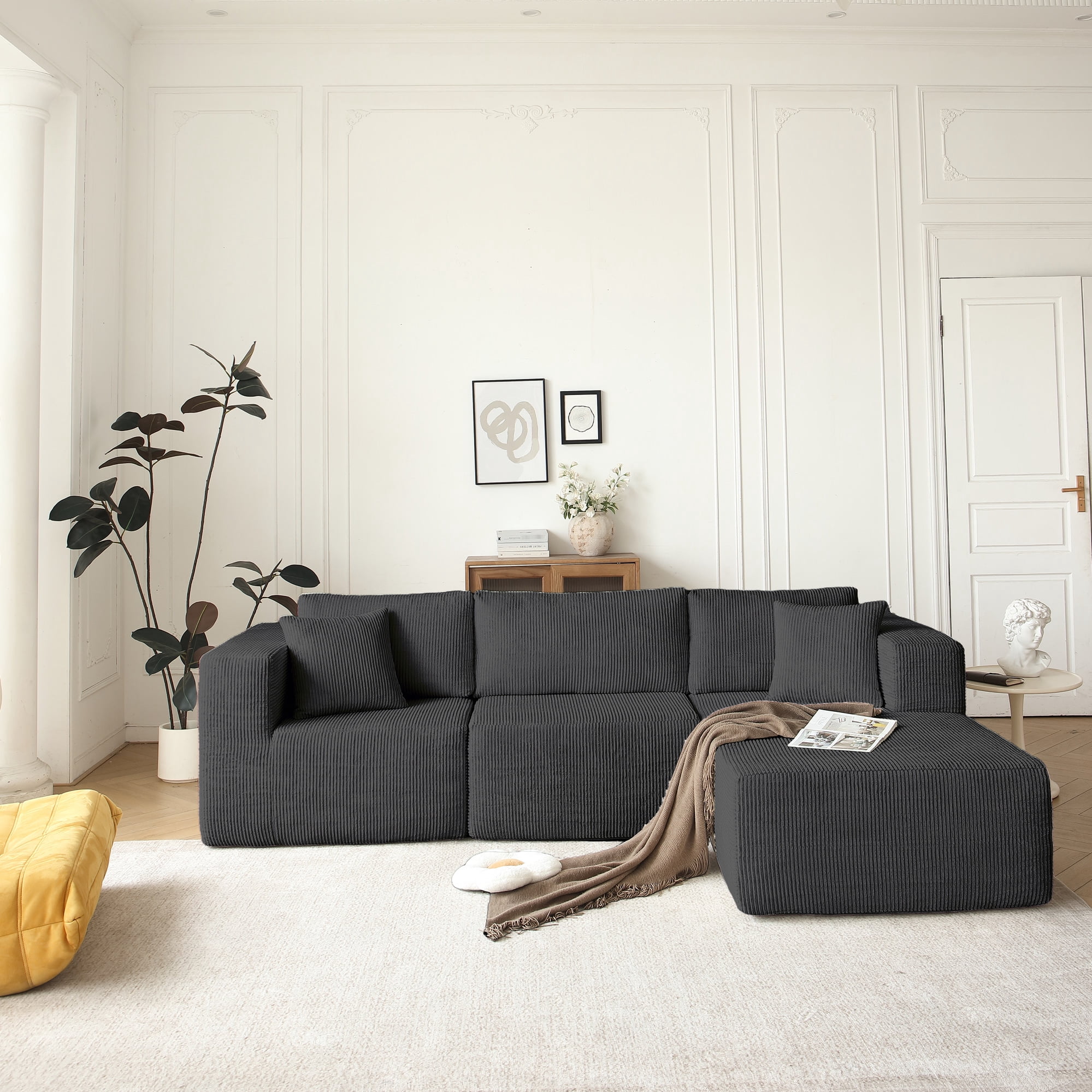 Mid-century Modern Grey Couch, L Shaped Sectional For Living Room, 3