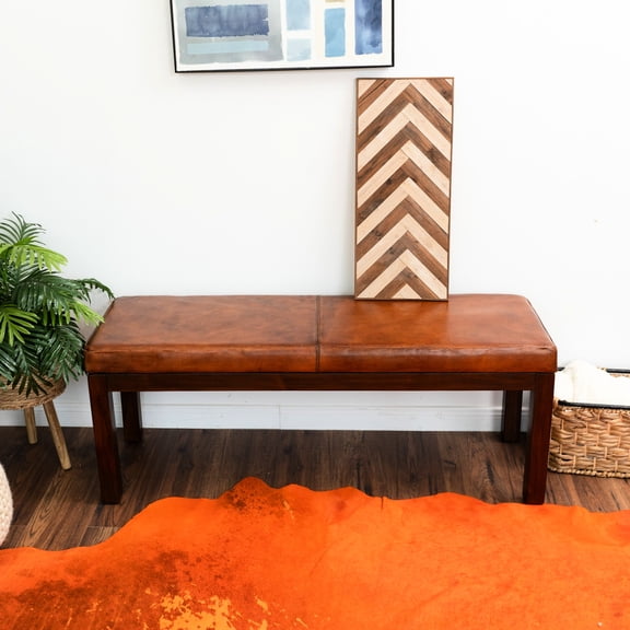 Mid-century Modern Leather Bench - Antique Tan, Wood Construction, Rustic Brown Appeal For A Charming Element, High Foam Filling, Removable Legs Tan Bench, Solid Build, Seat, Color Scheme