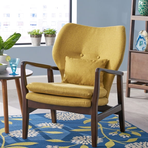 Mid-century Modern Mustard Club Chair, Soft Fabric, Button Sides, Wooden Frame, 31.6 In W X 25.48 D 32.81 H, 24.13 Lb Fabric Covering, Wood Lbs, 32.81" Height