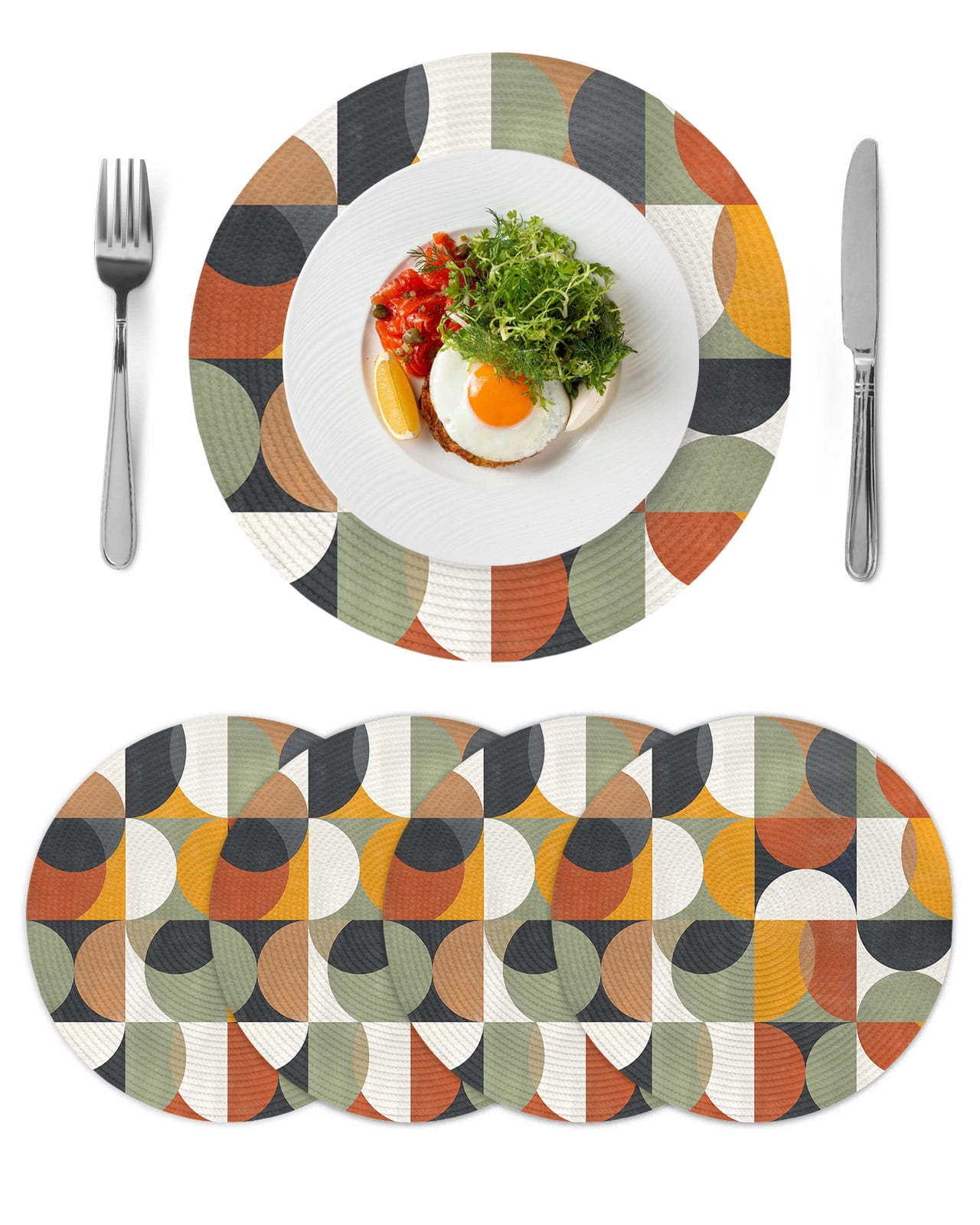Mid-century Modern Round Table Placemats set of 4, Vintage Color Abstract Geometric Pattern Washable Woven Place Mats for Dining Tables Kitchen Party Decor,Heat Proof, 13in,