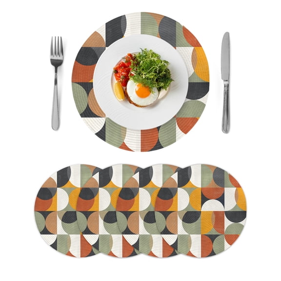 Mid-century Modern Round Table Placemats set of 4, Vintage Color Abstract Geometric Pattern Washable Woven Place Mats for Dining Tables Kitchen Party Decor,Heat Proof, 13in,