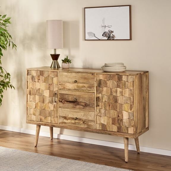 Mid-century Modern Sideboard With 3d Tile Weave - Natural Wood Cabinet 3 Drawers And 2 Doors For Storage In Style Functional