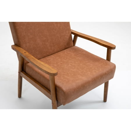 Mid-century Modern Solid Wood Vegan Brown Leather Upholstered Armchairs SET OF 2 Brown Leather - Brown Legs