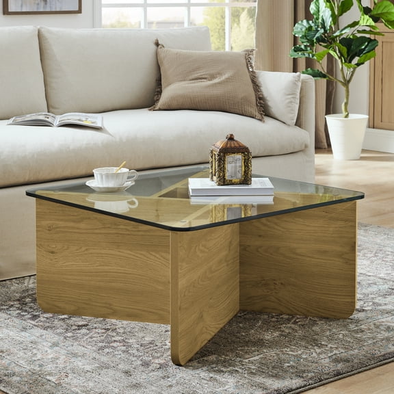 Mid-century Modern Square Coffee Table, 31.5" With Heat- Glass Top And Table Tempered Robust Construction
