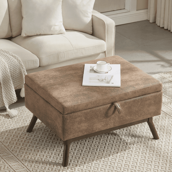 Mid-century Modern Square Coffee Table Storage Bench, Assembled, for Living Room, Entryway & Family Room - Use as Coffee Table, Stirrups & Shoe Bench