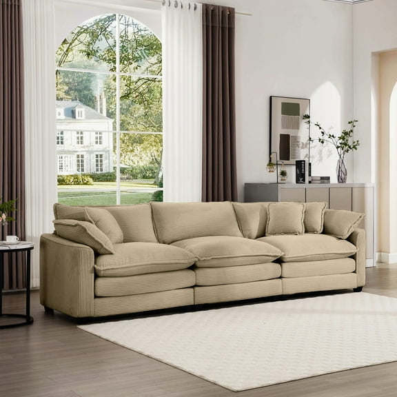 Mid-century Modern Tan Corduroy Sectional , 3 With Pillows, Providing Comfort For Living Room Arm Pillows And Elevating Room's Aesthetic Appeal