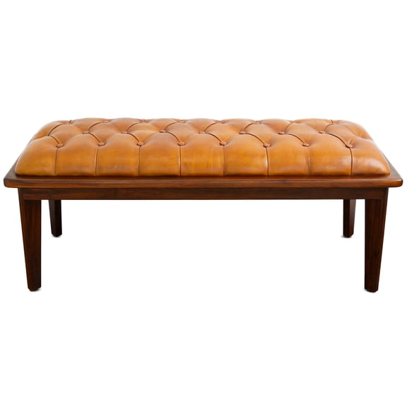 Mid-century Modern Tan Leather Bench - Buttons Accent Solid Wood Construction Upholstery Foam Filled Seat Rustic Brown Hint Buttoned Style Fascination Build High Comfort Tone
