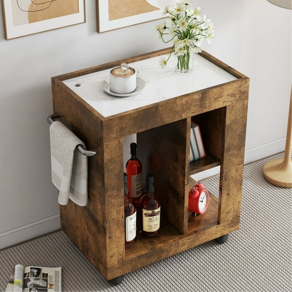 Mid-century Modern Trolley Storage Unit: Brown For Bedroom With Multi-level Shelves And Easy Assembly Movable Side Table Cabinet Living Room: Convenient Handles Compartments