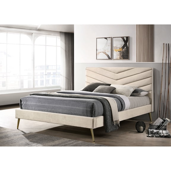 Mid-century Modern Twin Bed Featuring Beige Headboard And Angled Frame With Flannelette Legs