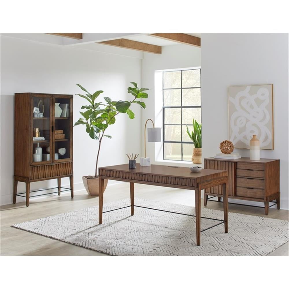 Mid-Century Modern Brown Wood Home Office Desk with Power Outlet and USB Port