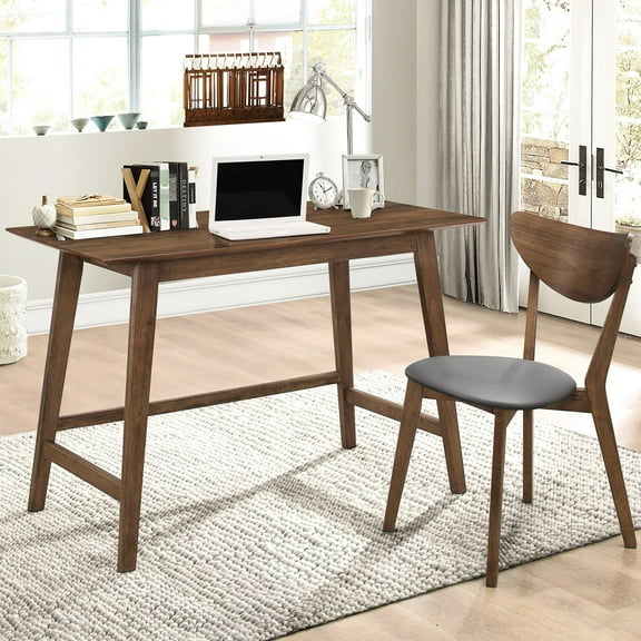 Mid-century Modern Writing Desk With Walnut Finish And Grey Upholstery 2 Chair - Office Look