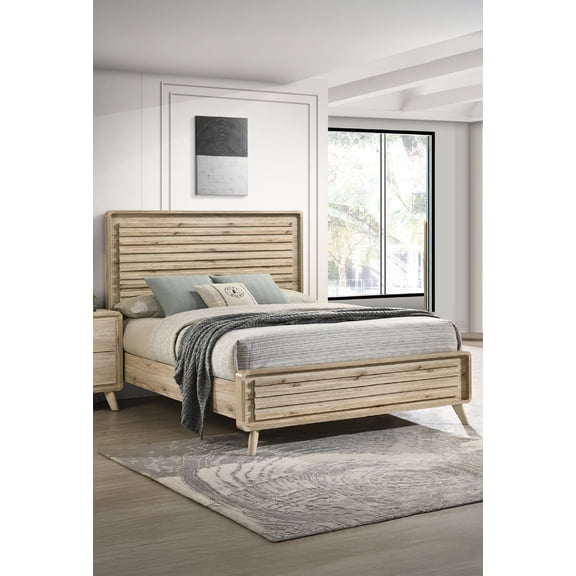 Mid-century Natural Textures 1pc King Slatted Bed Beige Brown Finish Furniture