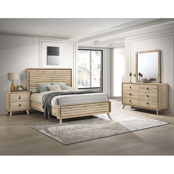 Mid-century Natural Textures 4pc Queen Slatted Bed Set Beige Brown Finish