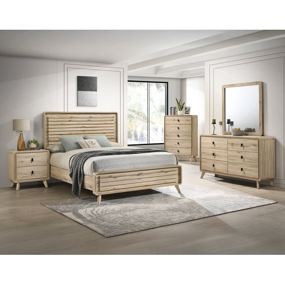 Mid-century Natural Textures 6pc King Slatted Bed Set Beige Brown Finish