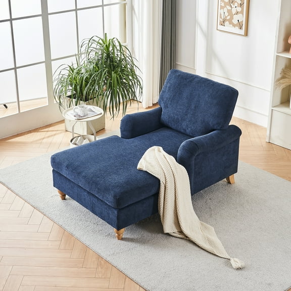Mid-century Style Chaise - Blue Chenille Upholstery, Solid Wood Legs, Removable Cushions For Bedroom, Living Room, Hotel Office Indoor Oversized Lounger Fabric, Thick Foam, Legs Comfortable Waiting