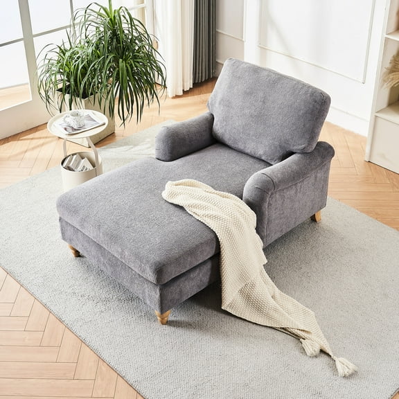 Mid-century Style Chaise Lounger With Wood Legs - Comfortable Grey Foam Seat For Bedroom, Living Area, Hotel, Reception, Cafe, Office Space Comfy Chenille Upholstery And Solid Support Structure