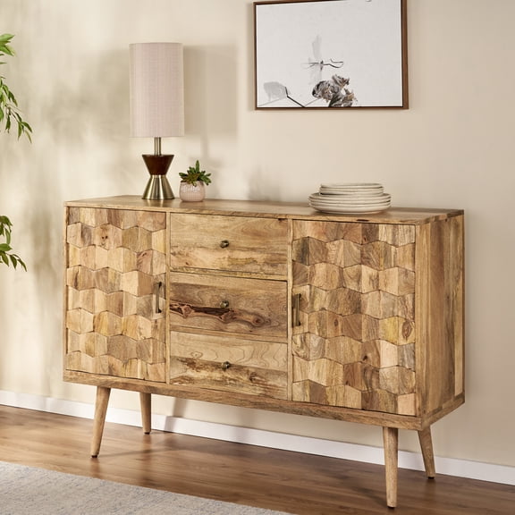 Mid-century Style Natural Wood Sideboard - 3d Weave With 3 Drawers And 2 Doors For Ample Storage Spacious In Design